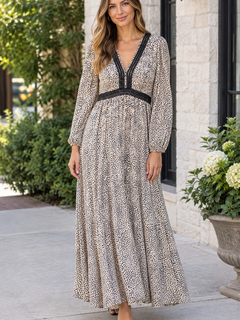 Baltic Born Cha Cha Print Beige and Black Printed V-Neck Maxi Dress